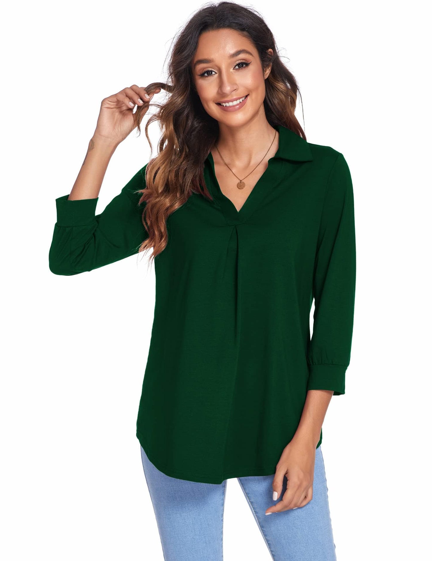 MsDressly Blouses Collared V Neck Casual Loose Blouse