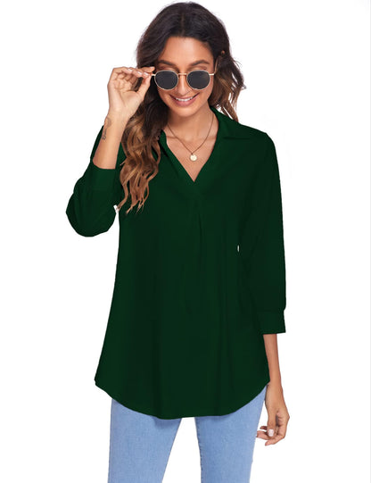 MsDressly Blouses Collared V Neck Casual Loose Blouse