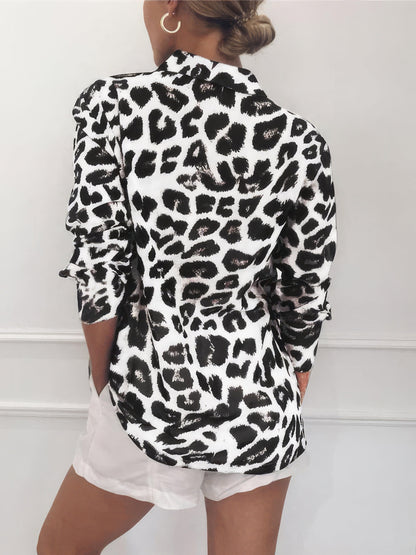 MsDressly Blouses Leopard Print Lapel Button Long Sleeve Blouse