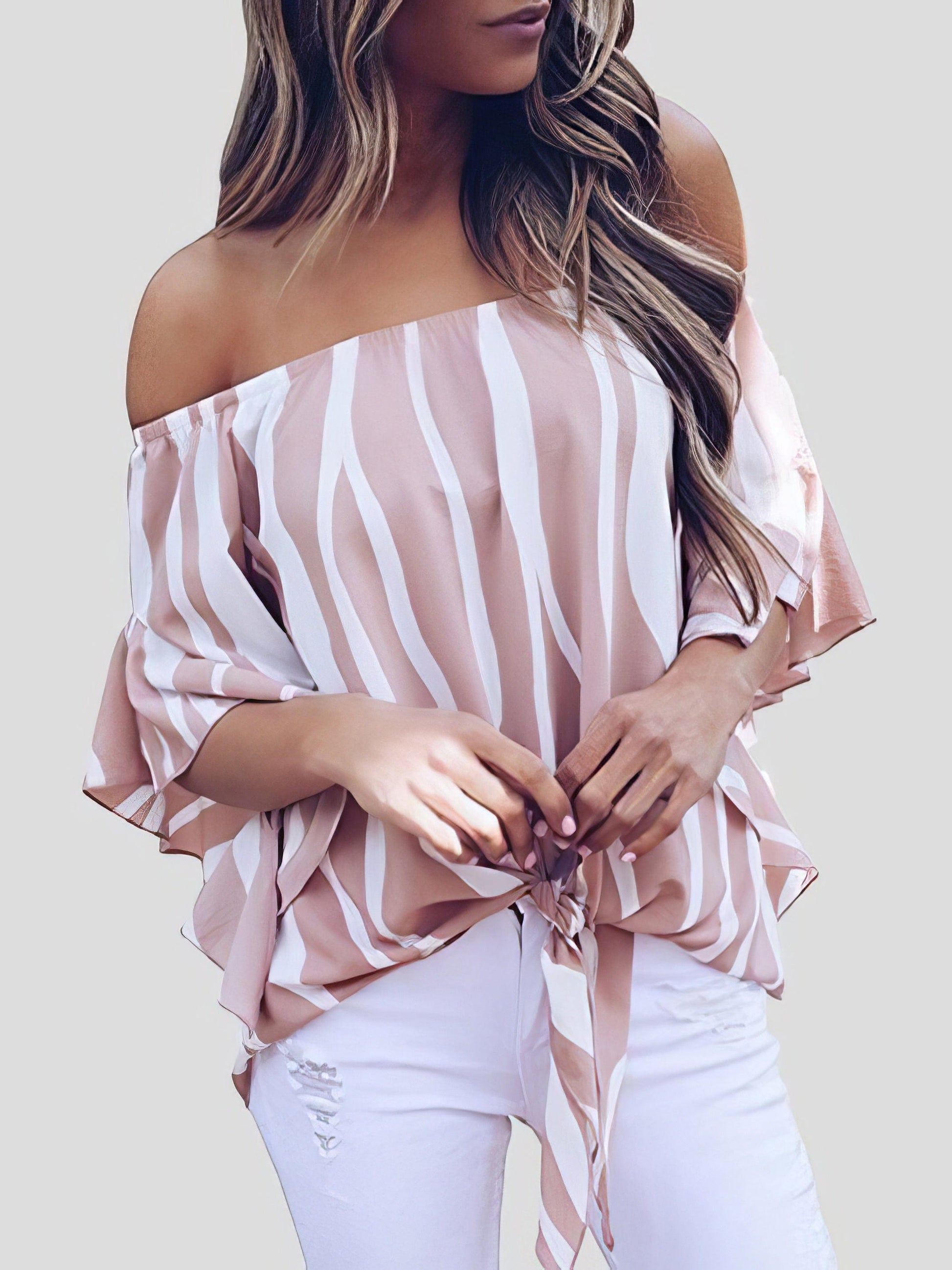 MsDressly Blouses Loose Chiffon Off Shoulder Striped Front Tie 3/4 Sleeve Blouses BLO2107221250PINS
