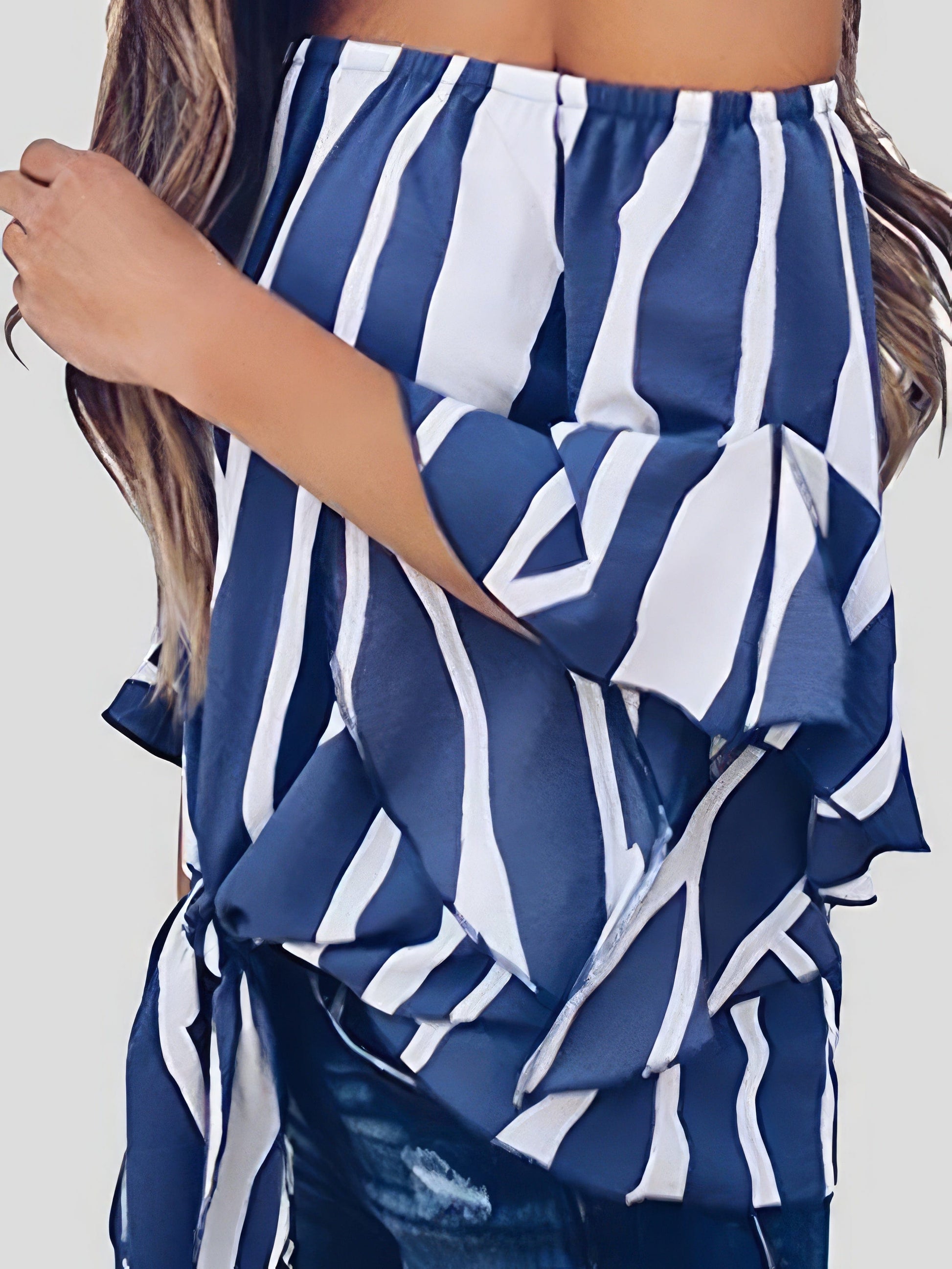 MsDressly Blouses Loose Chiffon Off Shoulder Striped Front Tie 3/4 Sleeve Blouses
