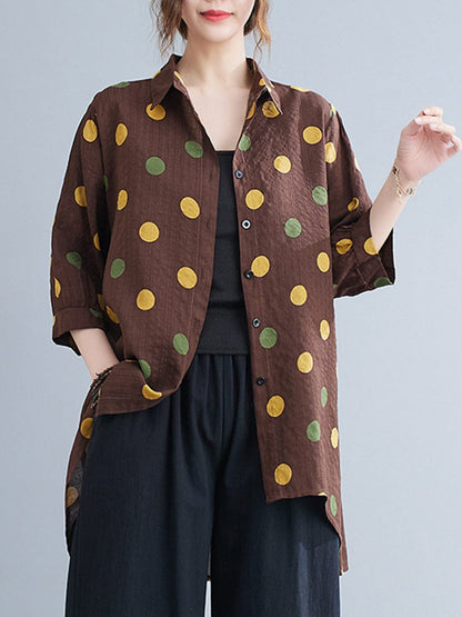 MsDressly Blouses Loose Polka Dot Printed Retro Irregular Long Sleeve Blouse BLO2303060014BROM