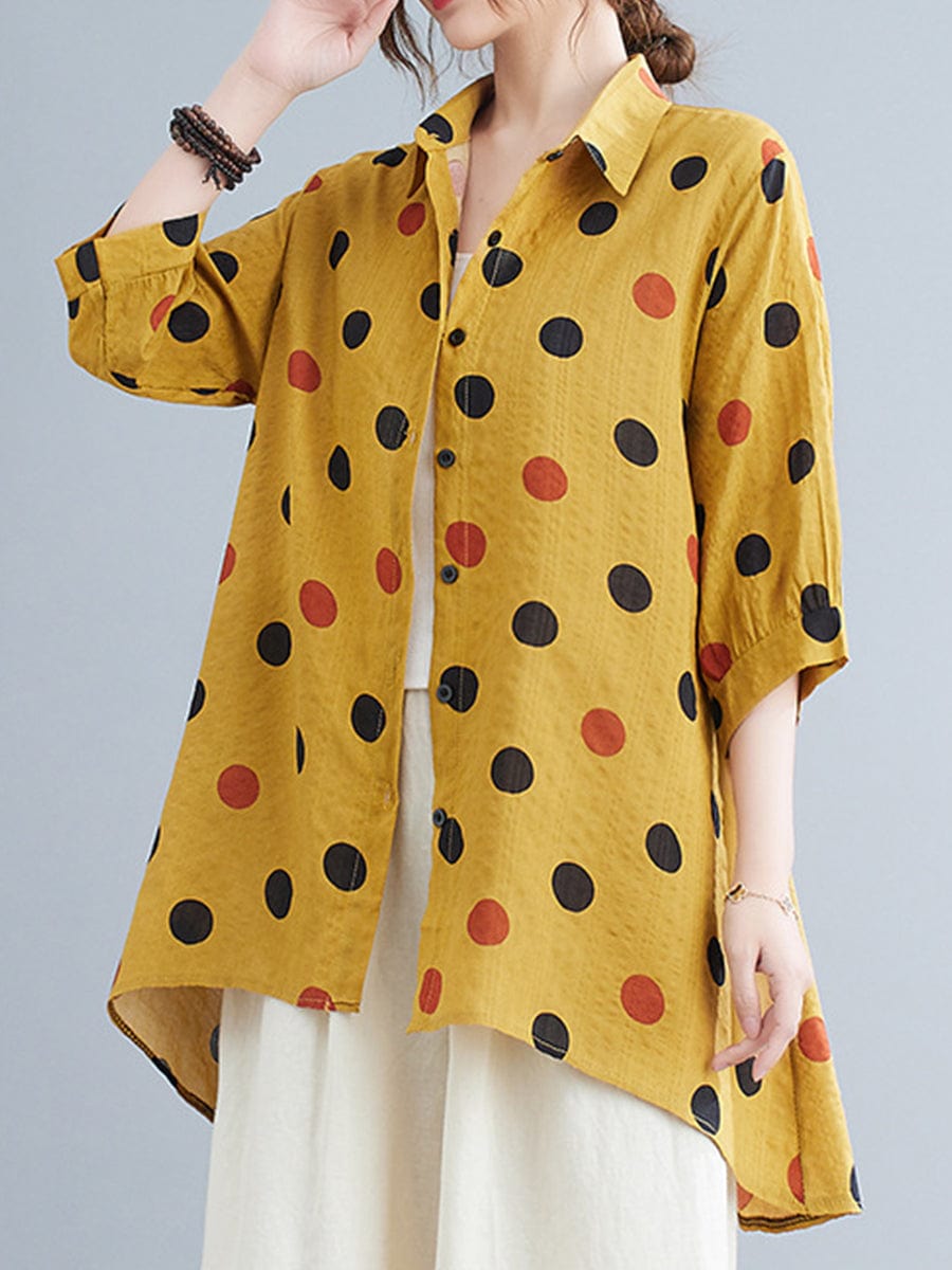 MsDressly Blouses Loose Polka Dot Printed Retro Irregular Long Sleeve Blouse BLO2303060014YELM