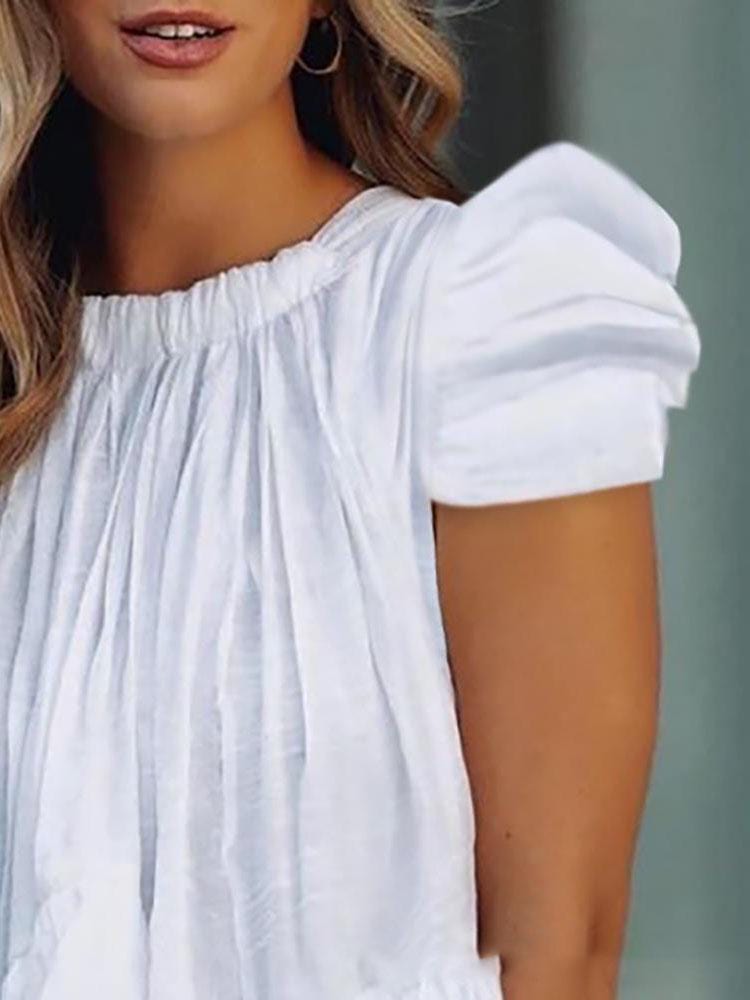 MsDressly Blouses Loose Short Sleeve Round Neck Ruffles Blouses