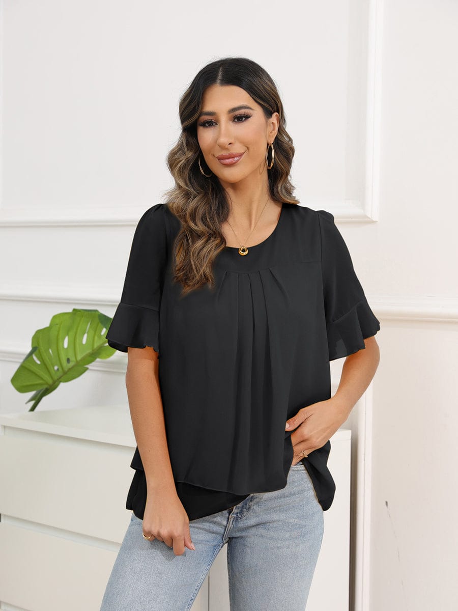 MsDressly Blouses Solid Color Round Neck Short Sleeve Pleated Chiffon Blouse BLO2303150031BLAM