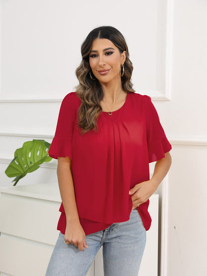 MsDressly Blouses Solid Color Round Neck Short Sleeve Pleated Chiffon Blouse BLO2303150031REDM