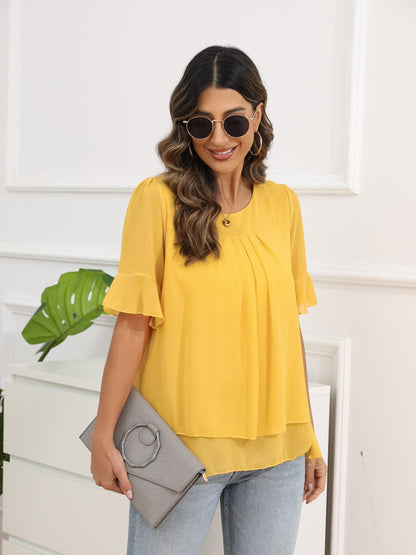 MsDressly Blouses Solid Color Round Neck Short Sleeve Pleated Chiffon Blouse BLO2303150031YELM