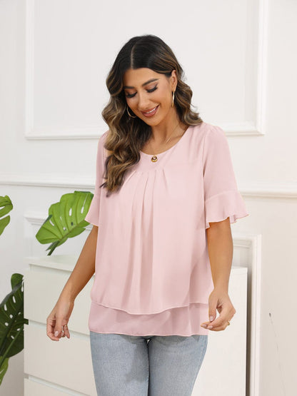 MsDressly Blouses Solid Color Round Neck Short Sleeve Pleated Chiffon Blouse