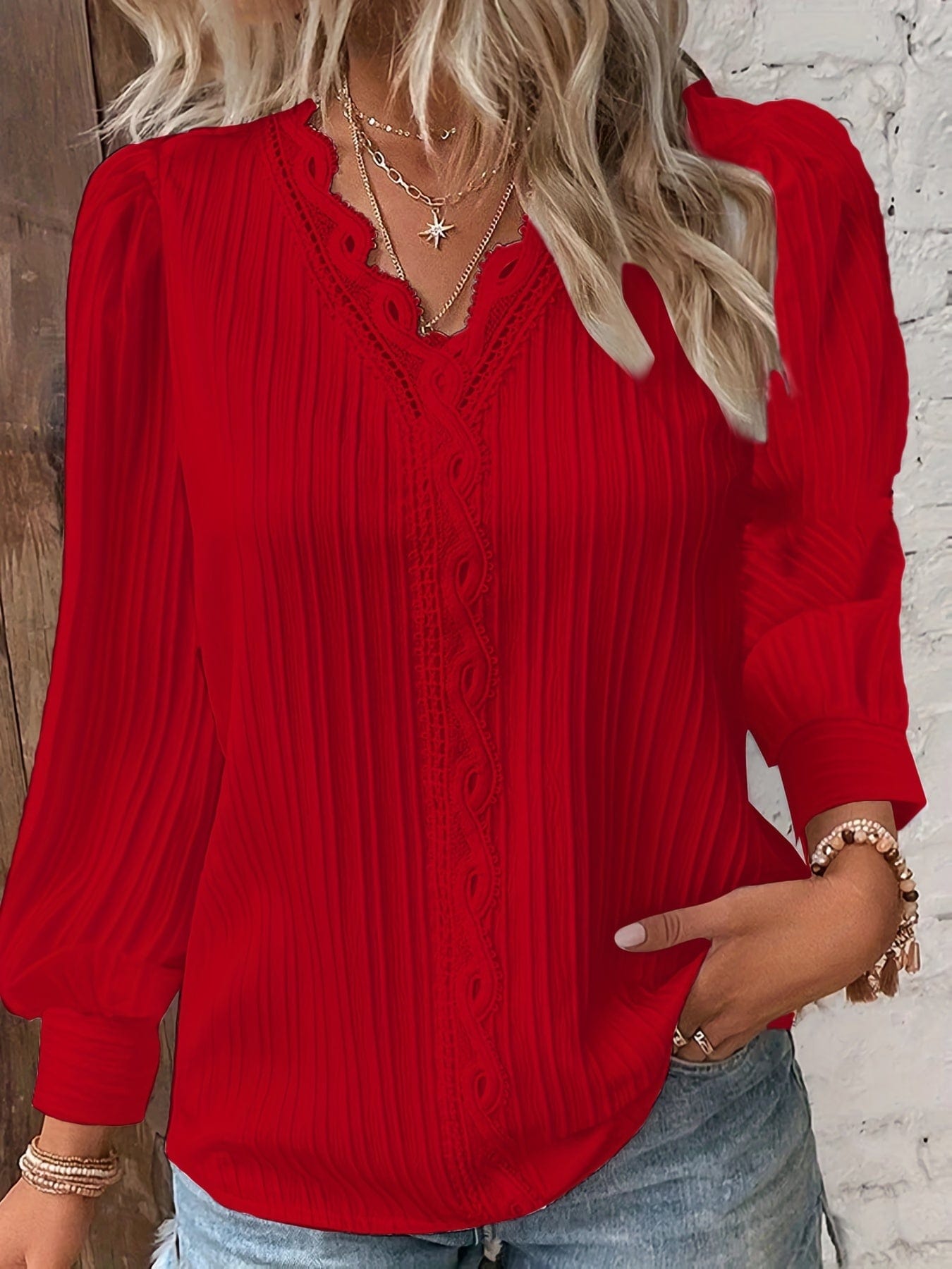MsDressly Blouses Solid Contrast Lace Striped V-Neck Long Sleeve Blouse BLO231012008REDS(4)