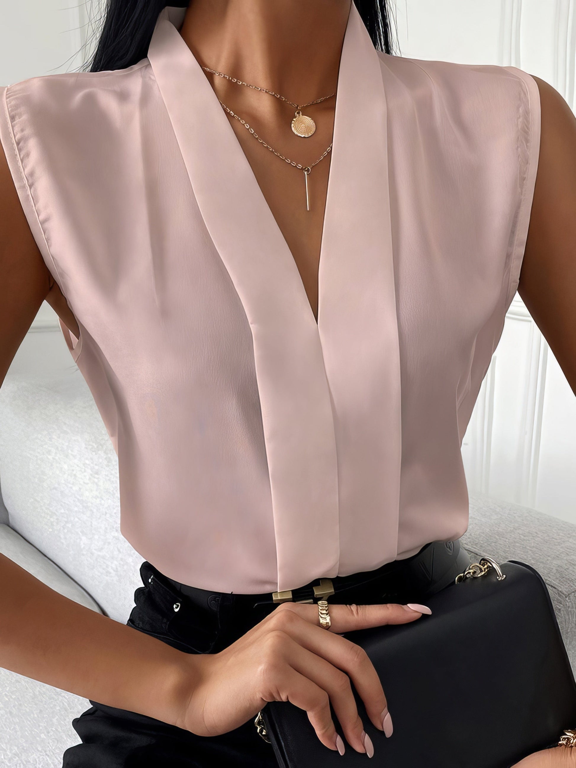 MsDressly Blouses Solid V-Neck Sleeveless Chiffon Blouse BLO2201061528PINS