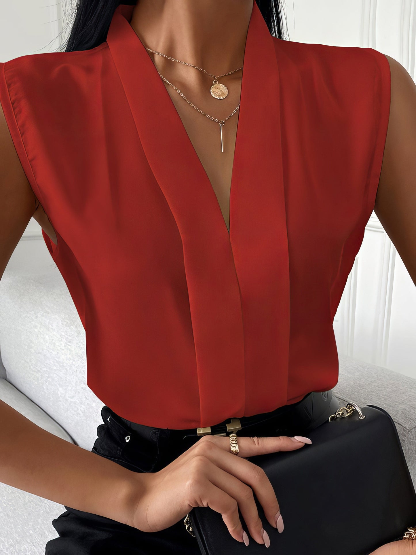 MsDressly Blouses Solid V-Neck Sleeveless Chiffon Blouse BLO2201061528REDS