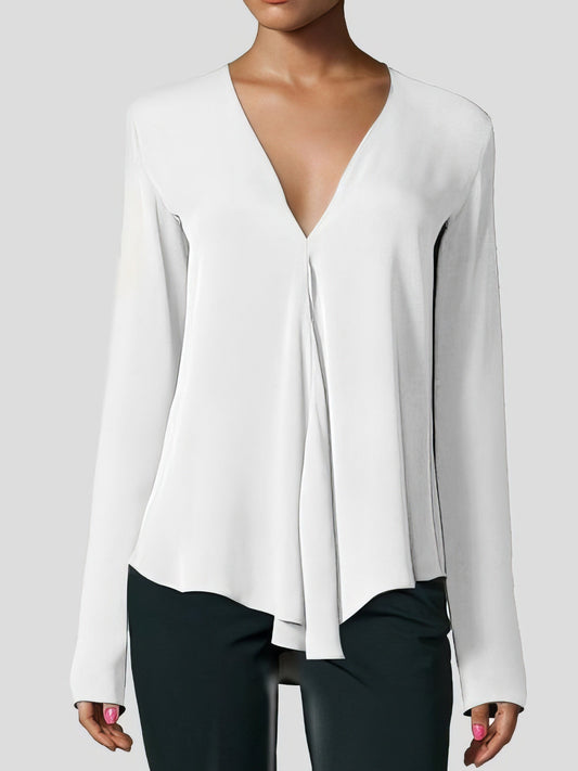 MsDressly Blouses V-neck Long-sleeved Chiffon Solid Blouse - Drop Shoulder - Closed - Shirt BLO2107031157WHIS