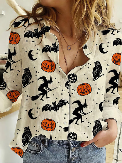 MsDressly Blouses Witch Bat Pumpkin Print Long Sleeve Blouses BLO2108251322OFFS