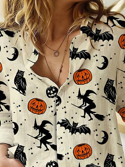 MsDressly Blouses Witch Bat Pumpkin Print Long Sleeve Blouses