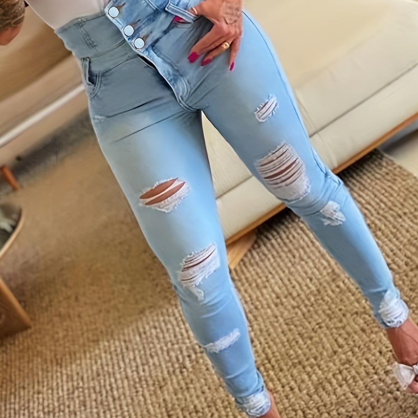 Blue Distressed Ripped High Waist Single Breasted Button Skinny Jeans