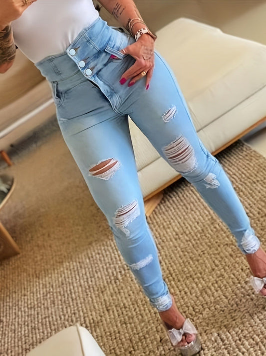 Blue Distressed Ripped High Waist Single Breasted Button Skinny Jeans
