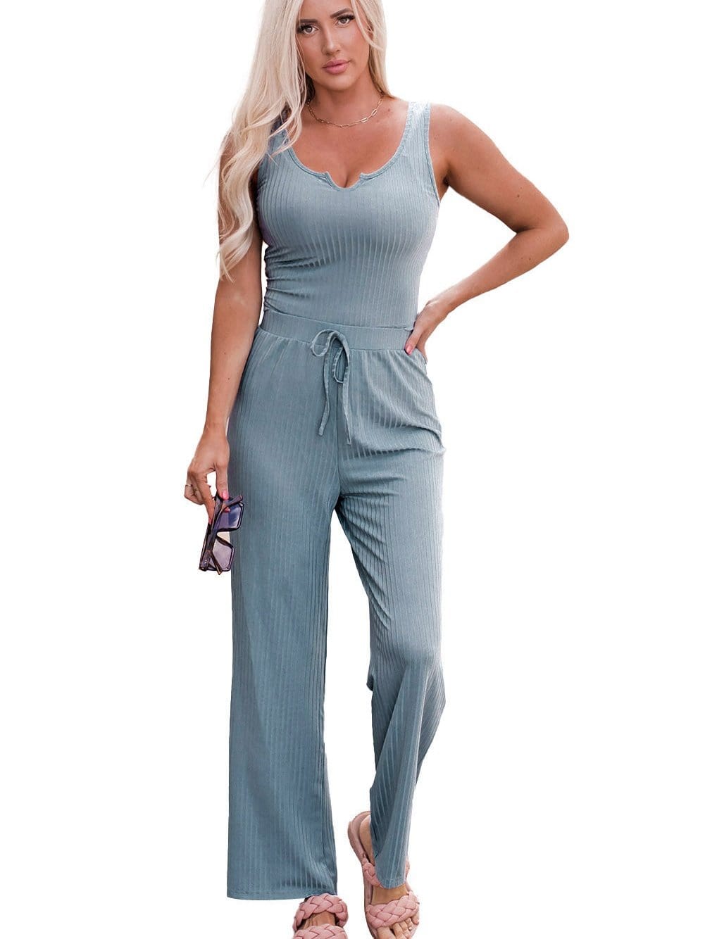 Blue Ribbed Lounge Set with Crop Tank and Drawstring Pants