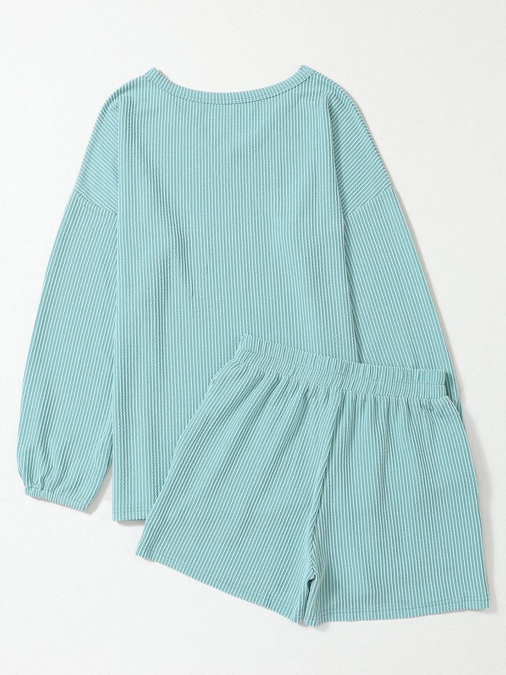 Blue Ribbed V Neck Slouchy Top and Shorts Set with Pockets