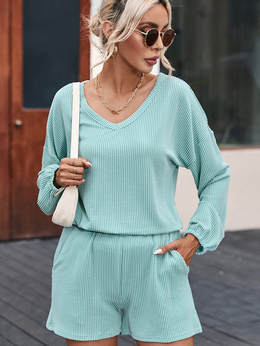 Blue Ribbed V Neck Slouchy Top and Shorts Set with Pockets