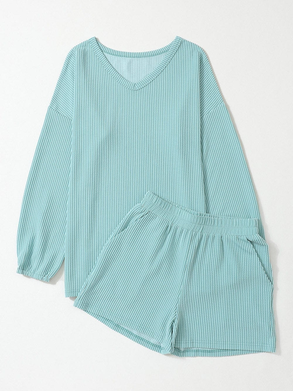 Blue Ribbed V Neck Slouchy Top and Shorts Set with Pockets