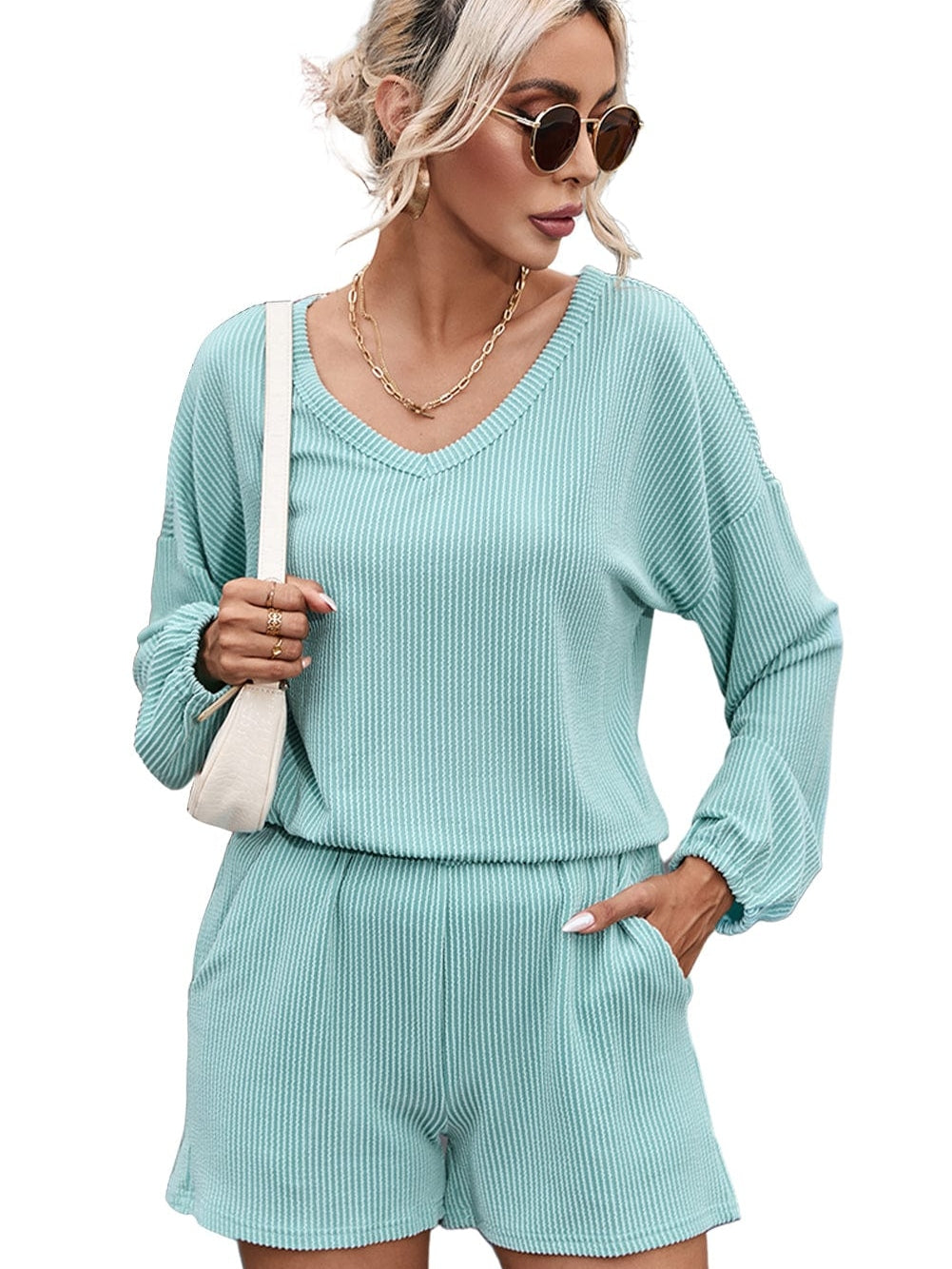 Blue Ribbed V Neck Slouchy Top and Shorts Set with Pockets