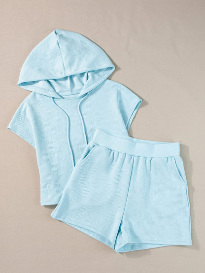 Blue Textured Hoodie and Shorts Set with a Chic Twist