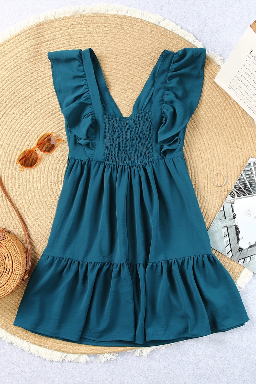 Blue V-Neck Tiered Ruffle Mini Dress with Smocked Back