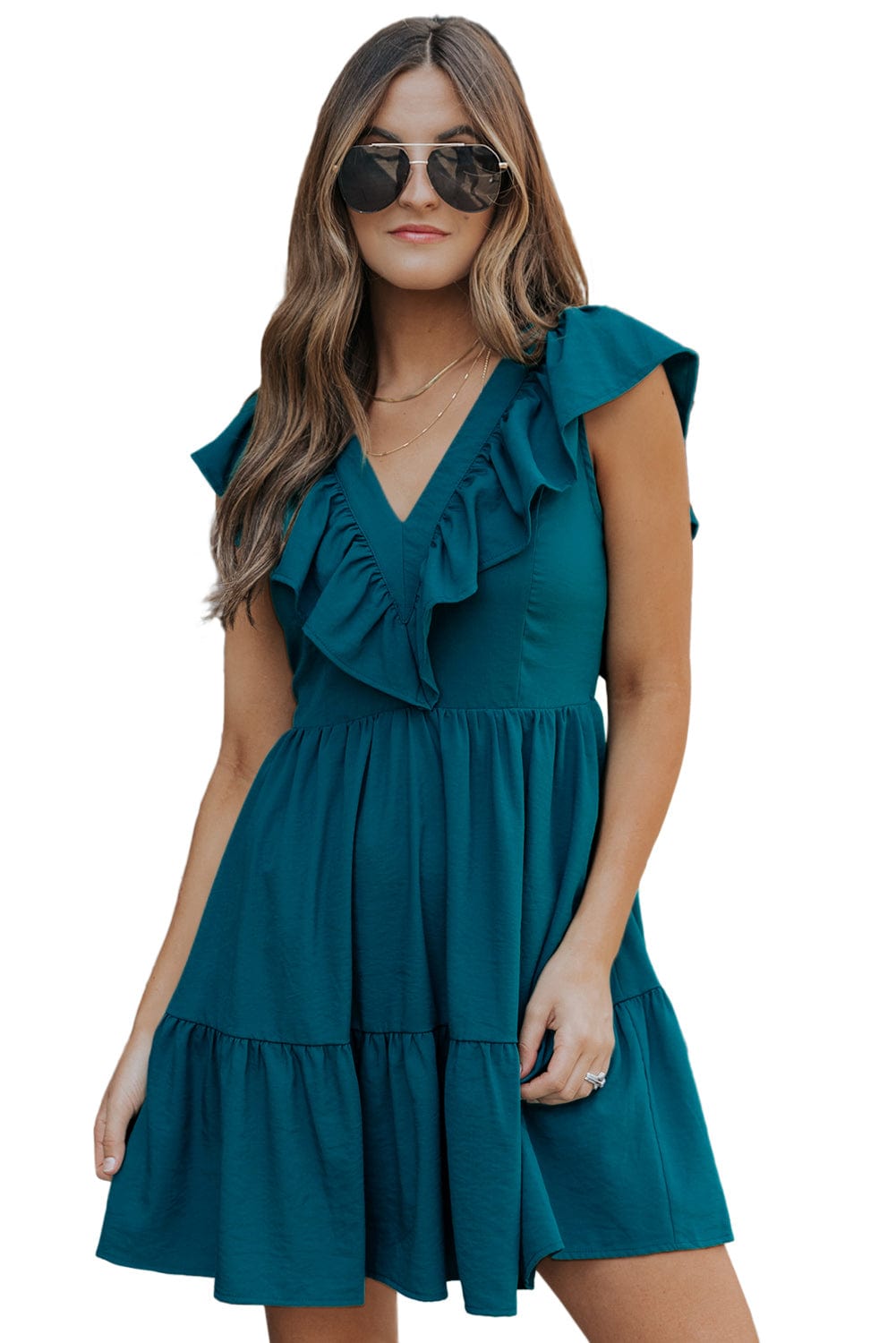 Blue V-Neck Tiered Ruffle Mini Dress with Smocked Back