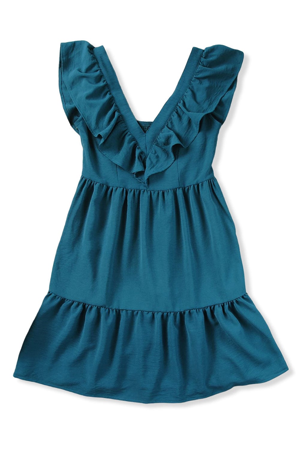 Blue V-Neck Tiered Ruffle Mini Dress with Smocked Back