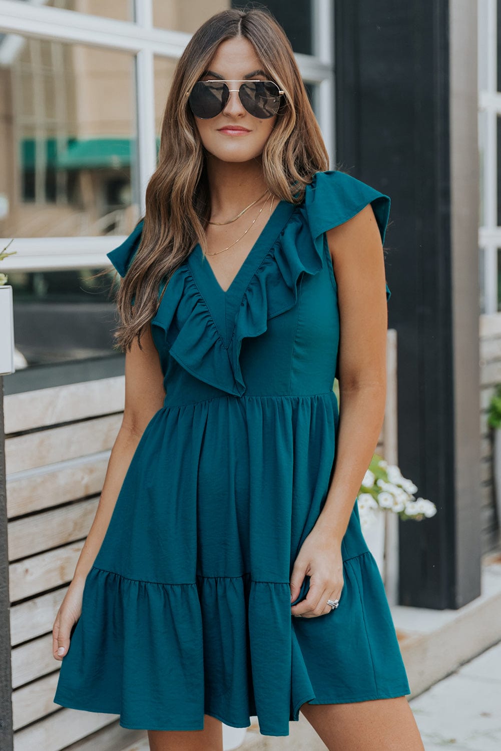 Blue V-Neck Tiered Ruffle Mini Dress with Smocked Back