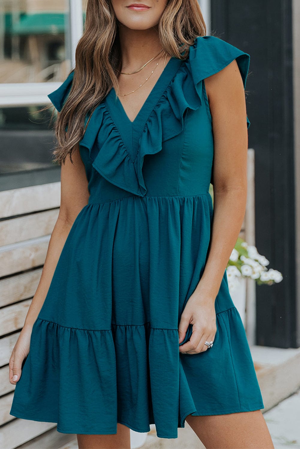 Blue V-Neck Tiered Ruffle Mini Dress with Smocked Back