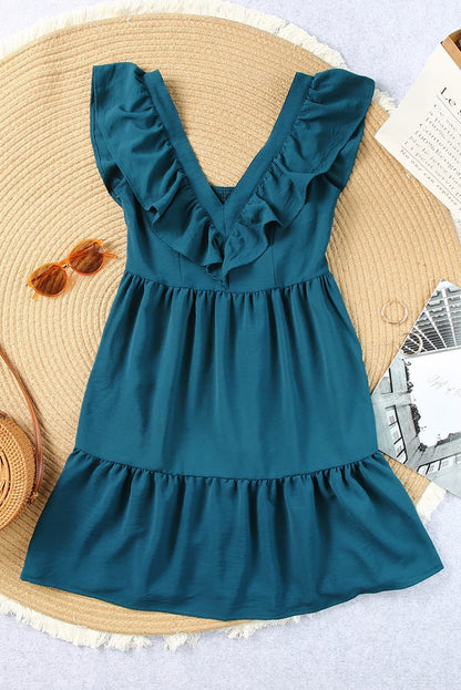 Blue V-Neck Tiered Ruffle Mini Dress with Smocked Back