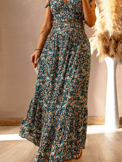 Bohemian Blossom Two-Piece Set with Ruffled Crop Top and Maxi Skirt