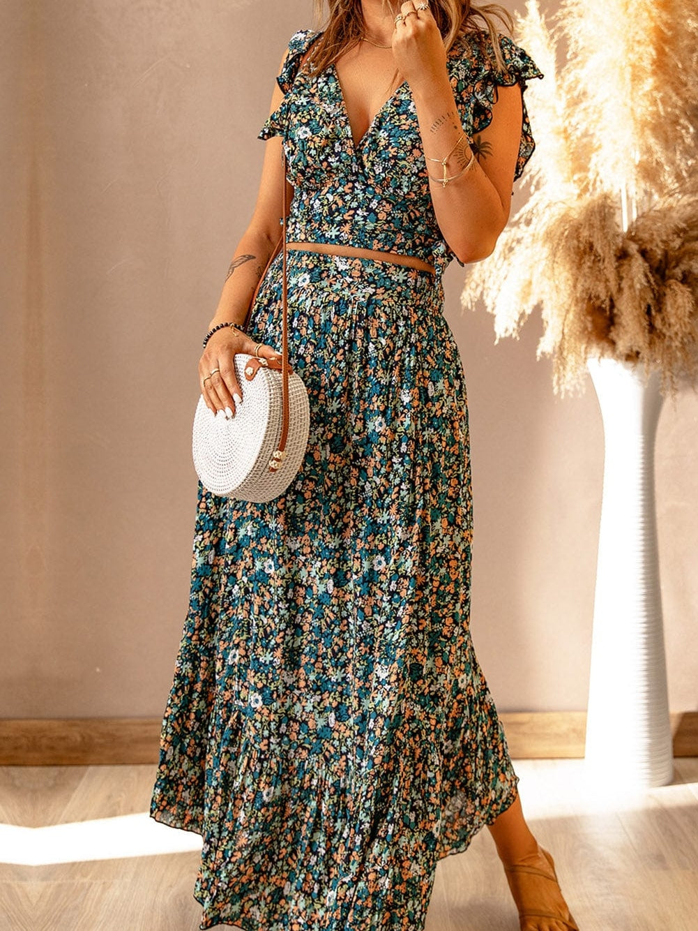 Bohemian Blossom Two-Piece Set with Ruffled Crop Top and Maxi Skirt