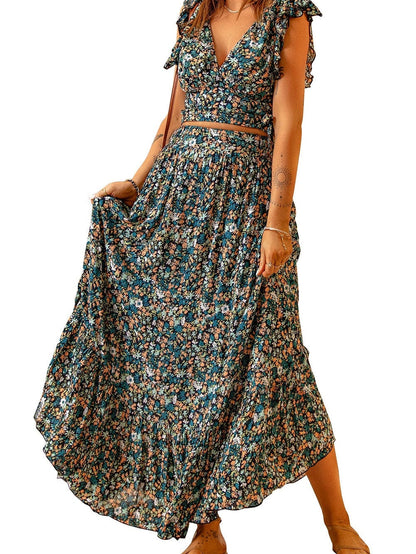 Bohemian Blossom Two-Piece Set with Ruffled Crop Top and Maxi Skirt