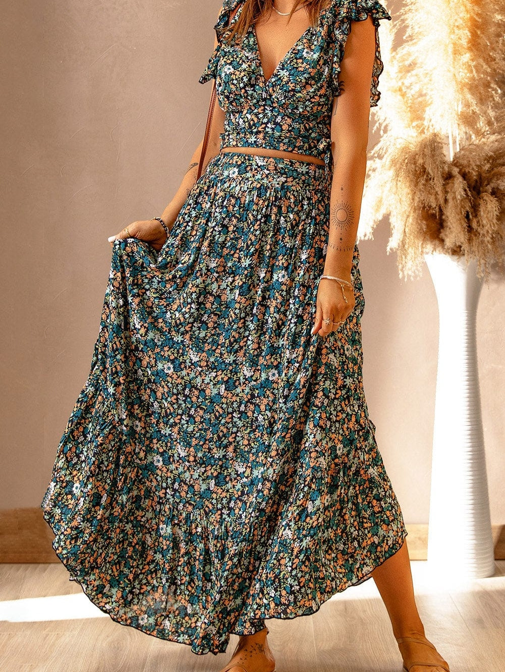 Bohemian Blossom Two-Piece Set with Ruffled Crop Top and Maxi Skirt