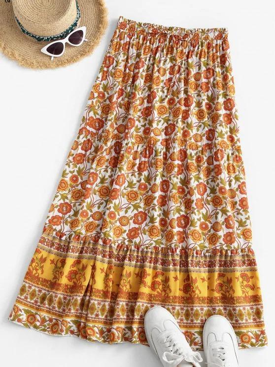 Bohemian Floral Drawstring Maxi Skirt for Women