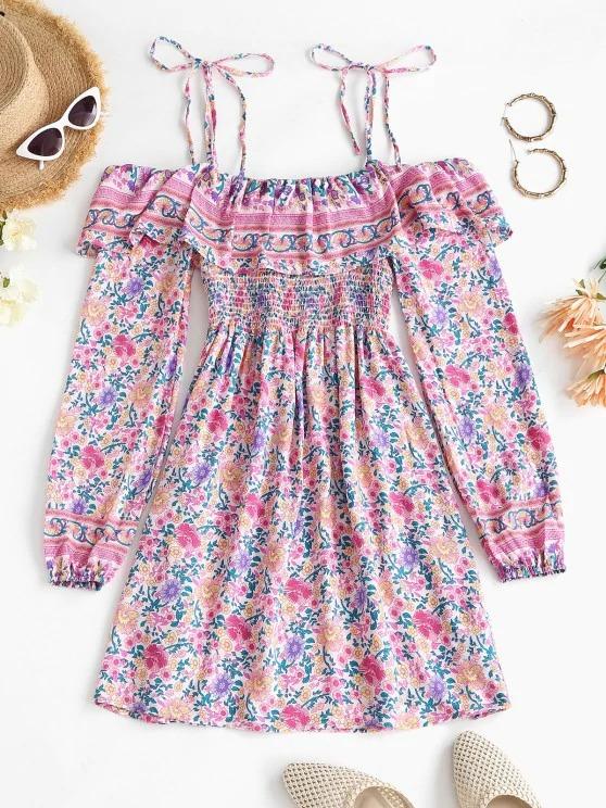 Bohemian Printed Tie Cold Shoulder Ruffles Dress - LuckyFash™