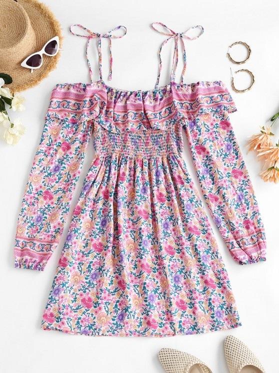 Bohemian Printed Tie Cold Shoulder Ruffles Dress - LuckyFash™