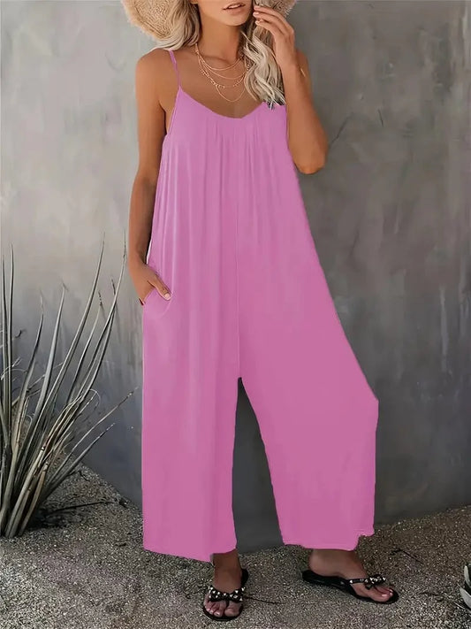 Bohemian Spaghetti Ruched Jumpsuit, Sleeveless Jumpsuit with Long Length Wide Legs, Women's Apparel