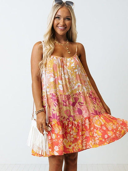 Bohemian Style Spaghetti Strap Dress with Off-Shoulder Umbrella Skirt