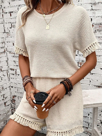 Boho Chic Beige Waffle Knit Fringed Two-Piece Set