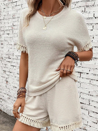 Boho Chic Beige Waffle Knit Fringed Two-Piece Set