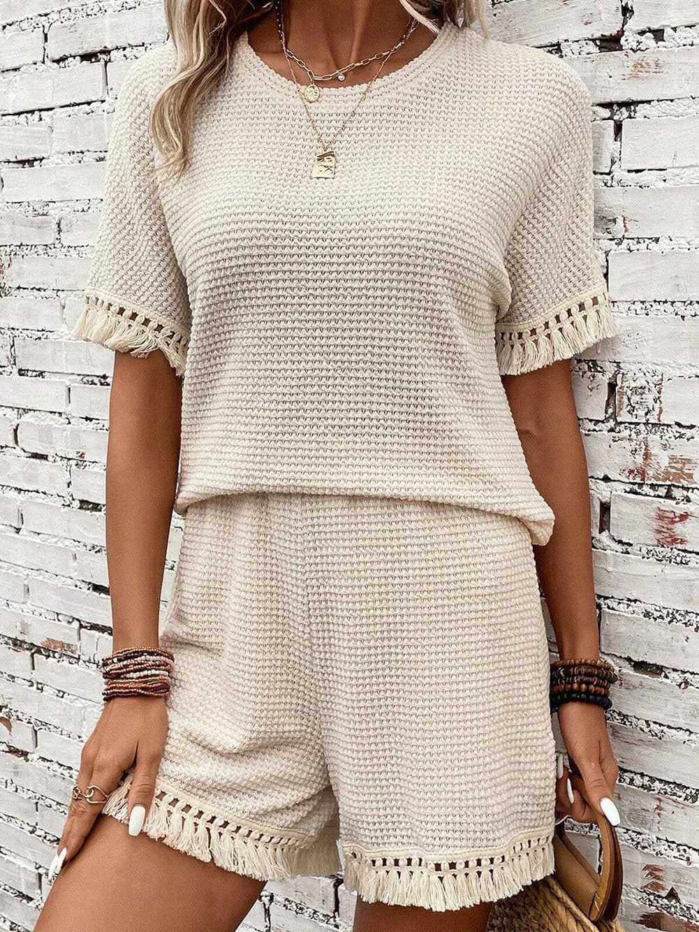 Boho Chic Beige Waffle Knit Fringed Two-Piece Set