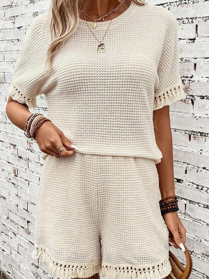 Boho Chic Beige Waffle Knit Fringed Two-Piece Set