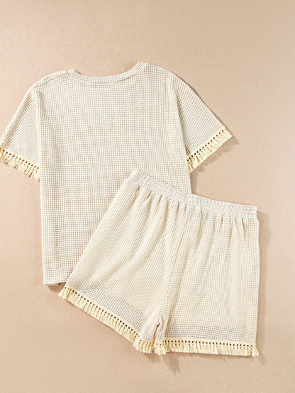 Boho Chic Beige Waffle Knit Fringed Two-Piece Set