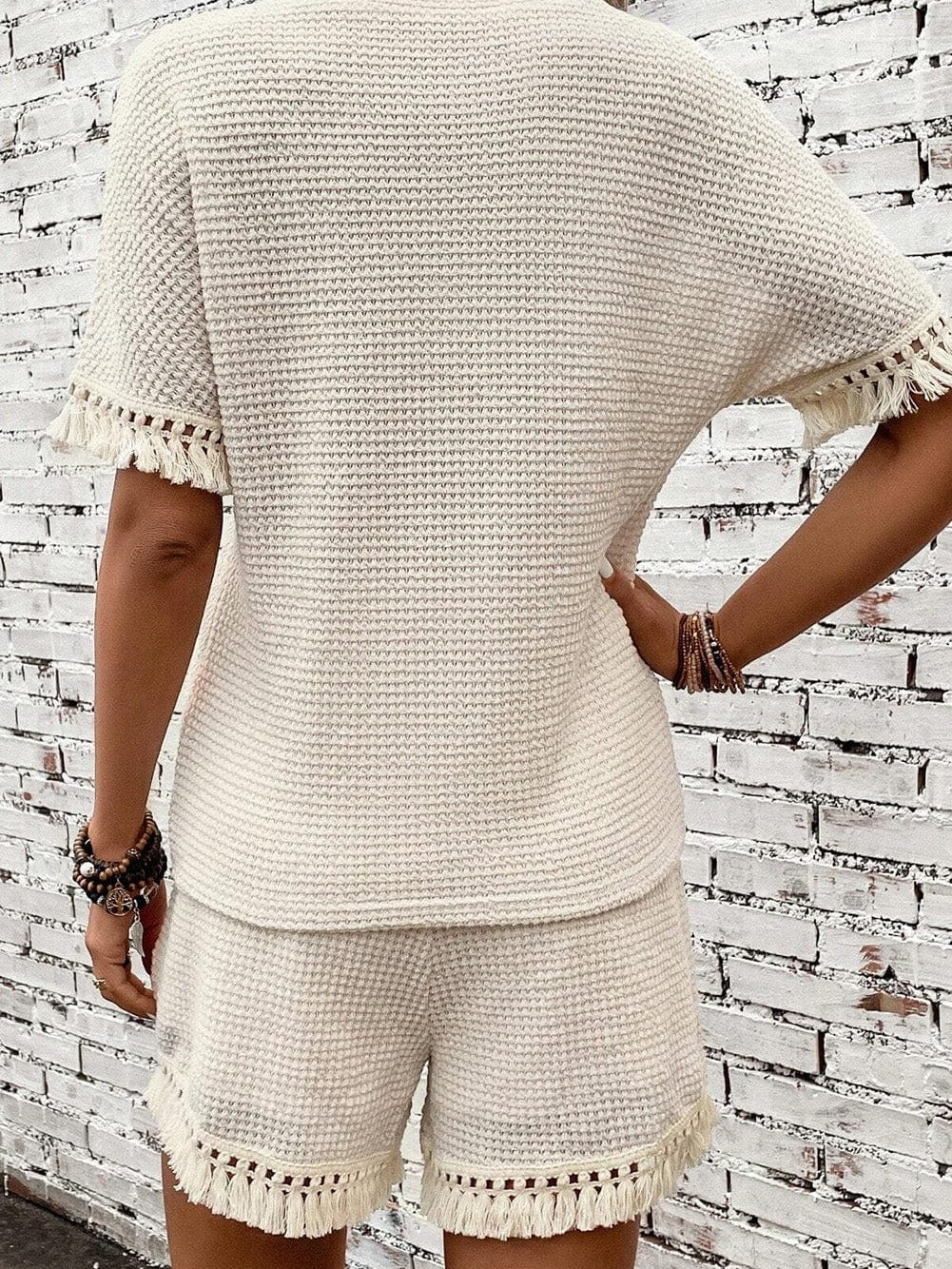 Boho Chic Beige Waffle Knit Fringed Two-Piece Set