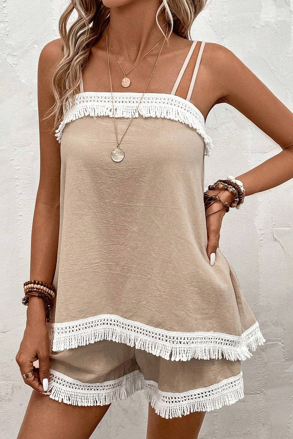 Boho-Chic Pale Khaki Crochet Fringe Two-Piece Short Set