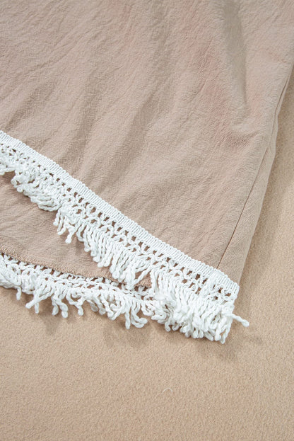 Boho-Chic Pale Khaki Crochet Fringe Two-Piece Short Set