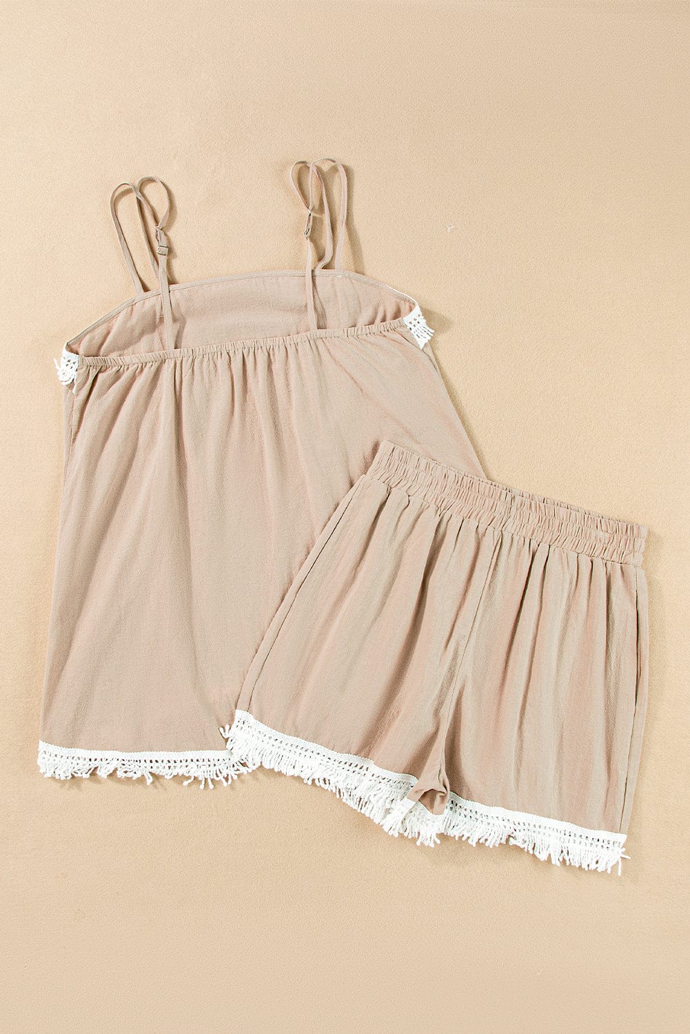 Boho-Chic Pale Khaki Crochet Fringe Two-Piece Short Set